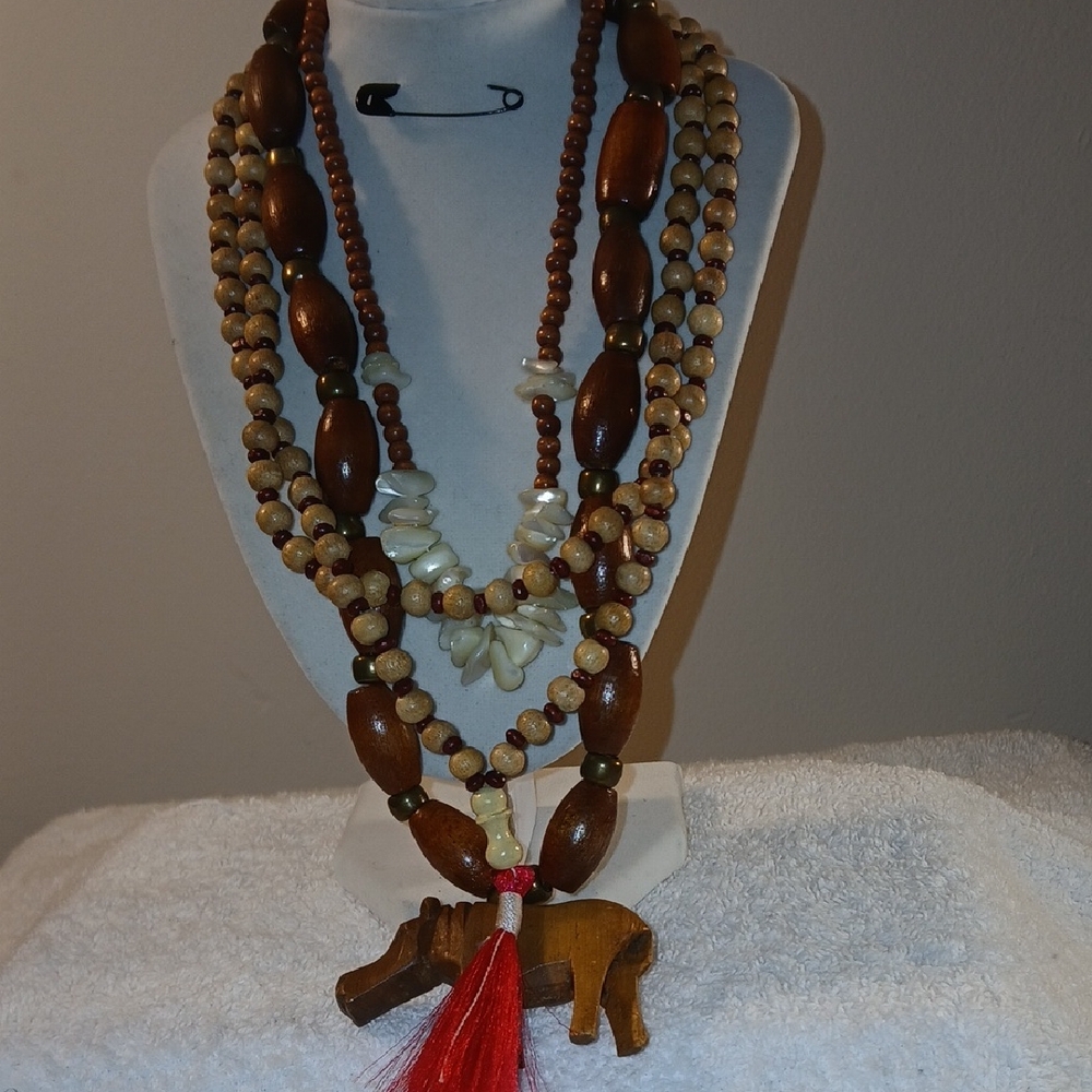 Boho Wood and Cream Bead Layered Necklace with Red Tassel